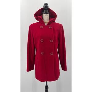 B1 Anne Klein Wool Blend Peacoat Red Hooded Womens Medium Double‎ Breasted